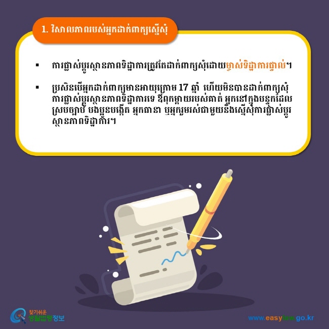 1. វិសាលភាពរបស់អ្នកដាក់ពាក្យស្នើសុំ ការផ្លាស់ប្តូរស្ថានភាពទិដ្ឋាការត្រូវតែដាក់ពាក្យសុំដោយម្ចាស់ទិដ្ឋាការផ្ទាល់។  ប្រសិនបើអ្នកដាក់ពាក្យមានអាយុក្រោម 17 ឆ្នាំ ហើយមិនបានដាក់ពាក្យសុំការផ្លាស់ប្តូរស្ថានភាពទិដ្ឋាការទេ ឪពុកម្តាយរបស់គាត់ អ្នកនៅក្នុងបន្ទុកដែលស្របច្បាប់ បងប្អូនបង្កើត អ្នកធានា ឬអ្នករួមរស់ជាមួយនឹងស្នើសុំការផ្លាស់ប្តូរស្ថានភាពទិដ្ឋាការ។  